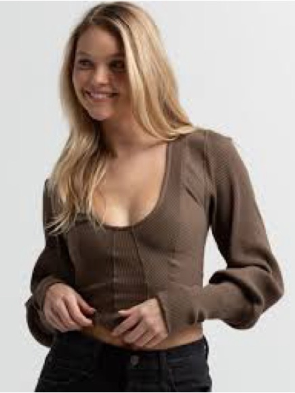 Free People Olive Green Scoop-Neck Long Sleeve Knit